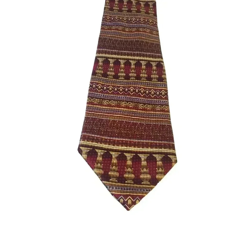 Tesoro Rosso Uomo Moda Luxury Silk Tie Hand‎ Made Burgundy Gold Columns Greece